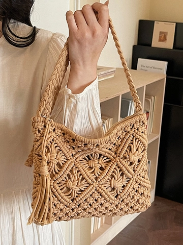Bohemian Hand Woven Cotton Macrame Shoulder Bag For Women Summer Beach Vacation Tassel Decor Small Square Crossbody Bag