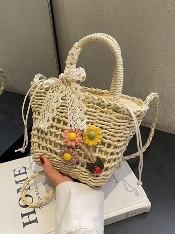 Damen Gewebte Eimertasche Spitze Schleife Blume Dekor PU Schulter Umhängetasche Sommer Strand Urlaub Reise Accessoire Tasche