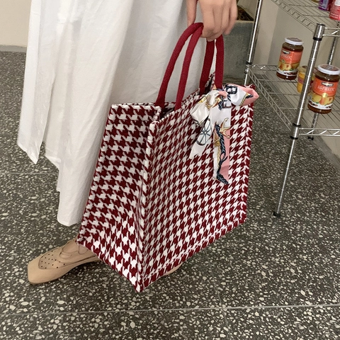 Fashion Houndstooth Tote Bag For Women Large Capacity Cotton Linen Shoulder Bag With Silk Scarf Elegant Daily Handbag