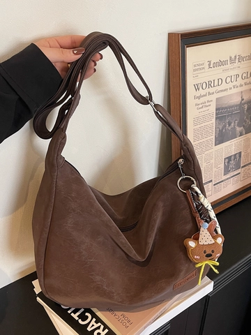 Große Kapazität Vintage Hobo Umhängetasche Für Damen Mode PU Leder Crossbody Dumpling Tasche Mit Teddybär Charm Täglich Pendeln Tote