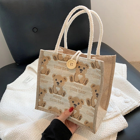 Simpatica Borsa Mini Tote in Cotone e Lino con Stampa Orsetto Manici in Corda e Bottone in Legno per Donna Borsa per Pranzo