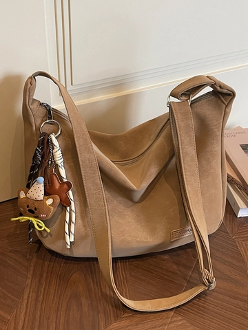 Große Kapazität Vintage Hobo Umhängetasche Für Damen Mode PU Leder Crossbody Dumpling Tasche Mit Teddybär Charm Täglich Pendeln Tote