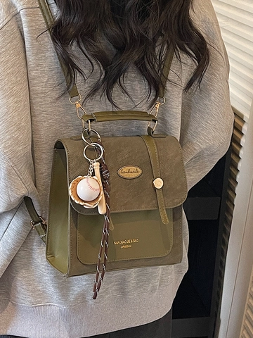 Vintage PU Leather Small Backpack For Women Fashion Crossbody Shoulder Bag With Baseball Pendant School College Casual Handbag
