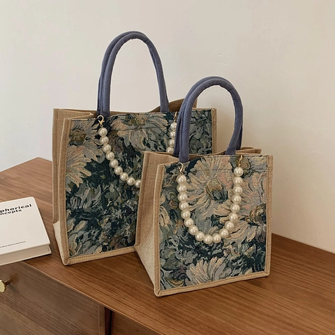 Bolso Tote Jacquard Floral Vintage para Mujer con Correa de Perlas Artificiales Bolso de Mano Retro de Algodón y Lino