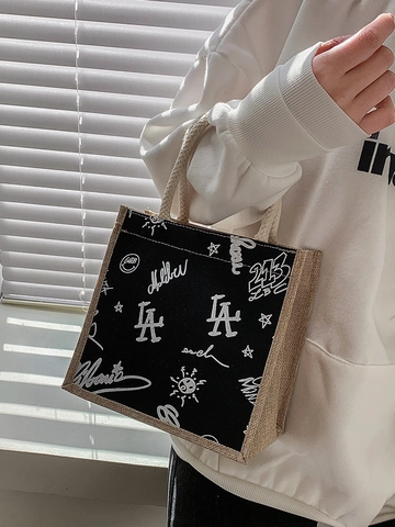 Cute Cartoon Canvas Jute Splicing Small Tote Bag Street Style Graffiti Cow Print Lunch Bag Cotton Rope Handle Handbag Women Daily Commute Purse