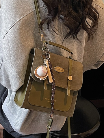 Vintage PU Leather Small Backpack For Women Fashion Crossbody Shoulder Bag With Baseball Pendant School College Casual Handbag