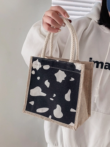 Cute Cartoon Canvas Jute Splicing Small Tote Bag Street Style Graffiti Cow Print Lunch Bag Cotton Rope Handle Handbag Women Daily Commute Purse