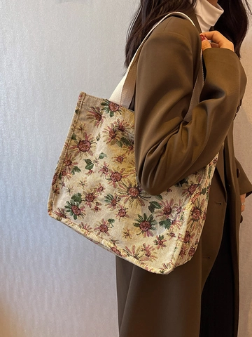 Borsa a Spalla da Donna Vintage in Tela Jacquard Floreale a Grande Capacità Borsa Tote Girasole per Università Pendolarismo Quotidiano