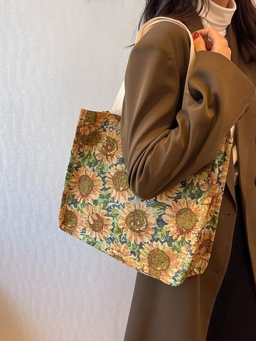 Borsa a Spalla da Donna Vintage in Tela Jacquard Floreale a Grande Capacità Borsa Tote Girasole per Università Pendolarismo Quotidiano