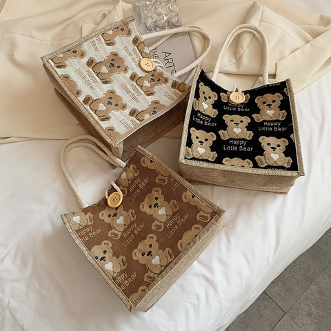 Borsa a Mano in Cotone e Lino con Stampa Orsetto in Stile Giapponese Mini Borsa Tote Casual con Bottone in Legno Manico in Corda