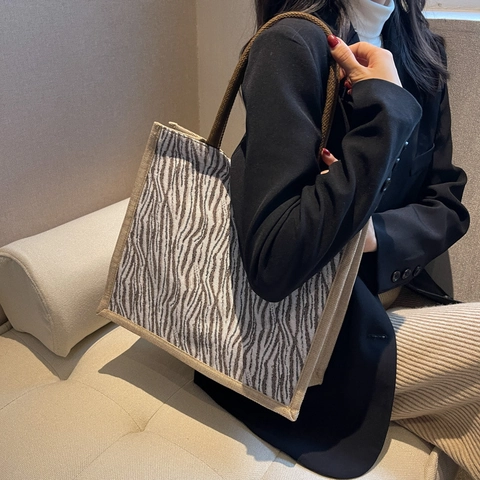 Borsa Tote Grande in Tela Vintage con Stampa Zebra per Donna Casual Manico in Corda di Cotone Borsa a Tracolla Moda Viaggio