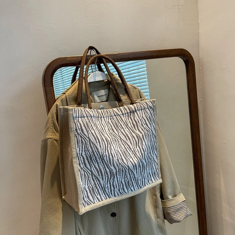 Borsa Tote Grande in Tela Vintage con Stampa Zebra per Donna Casual Manico in Corda di Cotone Borsa a Tracolla Moda Viaggio