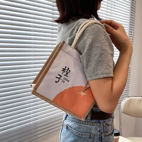 Japanischer Stil Süß Cartoon Frucht Druck Jute Canvas Tote Bag Mit Baumwollseil Griff Reißverschluss Tragbare Handtasche Für Damen
