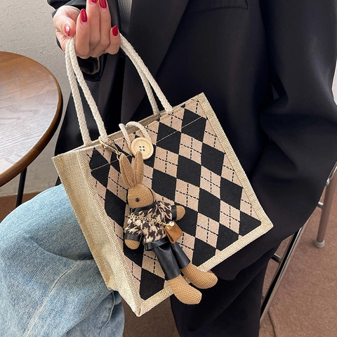 Borsa a Mano Vintage in Tela di Lino con Motivo Argyle per Donna Minimalista Intrecciata in Cotone e Canapa Borsa Regalo