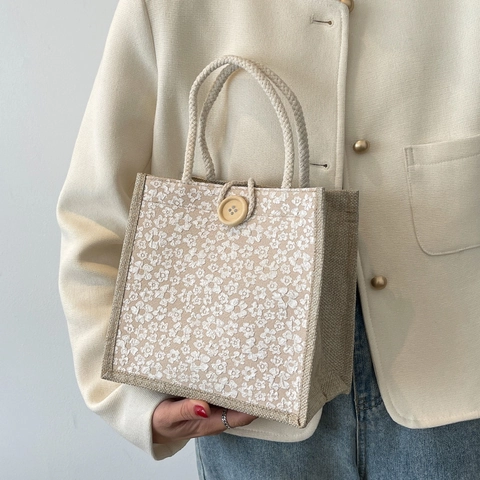 Floral Print Cotton Linen Small Tote Bag For Women Japanese Style Retro Handbag With Wooden Button closure Daily Portable Lunch Bag