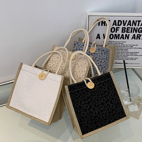 Borsa a Mano Donna in Cotone Lino Fantasia Floreale Con Bottone Legno Piccola Borsa Tote Iuta Retrò Stile Giapponese