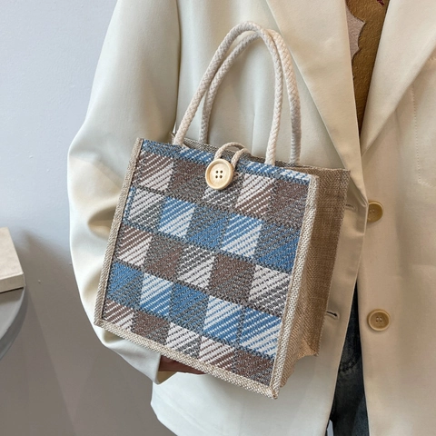 Bolso de Mano de Algodón y Lino a Cuadros Bolso Tote Vintage Bolsa de Almuerzo Con Botón de Madera Asa de Cuerda para Mujer