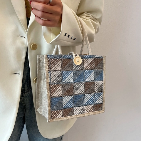 Bolso de Mano de Algodón y Lino a Cuadros Bolso Tote Vintage Bolsa de Almuerzo Con Botón de Madera Asa de Cuerda para Mujer
