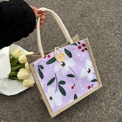 Fresh Floral Cotton Linen Patchwork Small Tote Bag With Rope Handle Wooden Button Closure Rustic Handbag For Women Daily Use