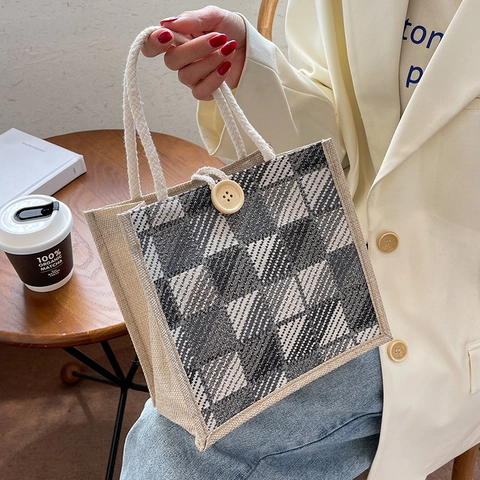 Vintage Plaid Cotton Linen Tote Bag For Women Retro Literary Small Handbag With Wooden Button Rope Handle Casual Daily Carry