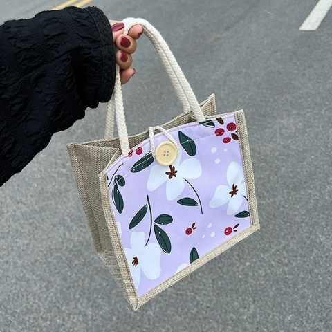 Fresh Floral Cotton Linen Patchwork Small Tote Bag With Rope Handle Wooden Button Closure Rustic Handbag For Women Daily Use