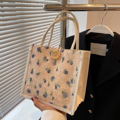 Blumen Spitze Tote Handtasche Kleine PU Material Frisch Stil Holzknopf Mini Tasche Für Damen Studenten Alltag Lunchbeutel