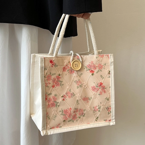Borsa Tote da Donna in Pizzo Floreale Con Bottone in Legno E Manico in Corda PU Stampata Borsa Pranzo per Pendolarismo