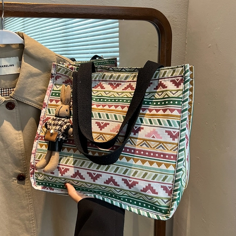 Borsa Tote in Tela con Stampa Geometrica Etnica Bohemienne da Donna Grande Capacità Vintage Borsa a Tracolla con Ciondolo