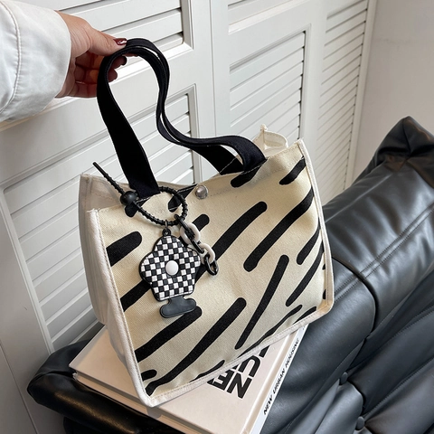 Korean Style Minimalist Canvas Tote Bag For Women Handheld Grid Stripe Pattern Handbag With Flower Pendant Small Square Bag