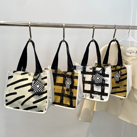 Korean Style Minimalist Canvas Tote Bag For Women Handheld Grid Stripe Pattern Handbag With Flower Pendant Small Square Bag