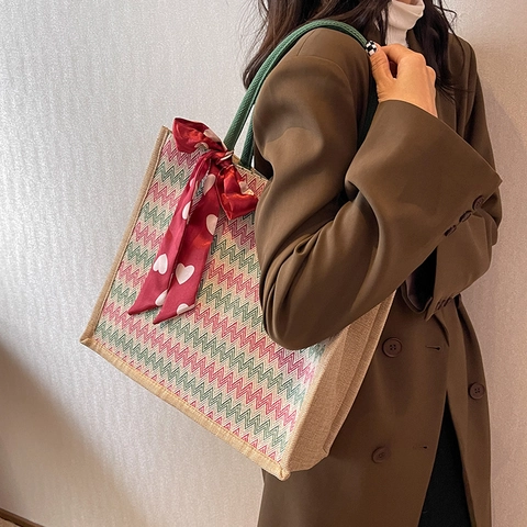 Große Kapazität Canvas Gewebte Tragetasche Für Damen Retro Zickzack Muster Schultertasche Mit Herz Print Schal Dekoration