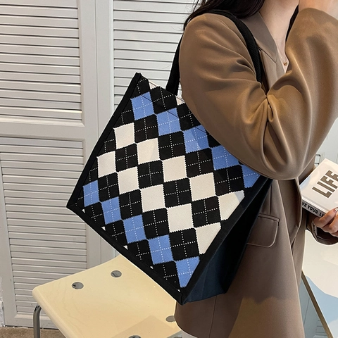 Dames Mode Ruitpatroon Canvas Draagtas Grote Capaciteit Contrastkleur Schoudertas Voor College Dagelijks Woon-werkverkeer