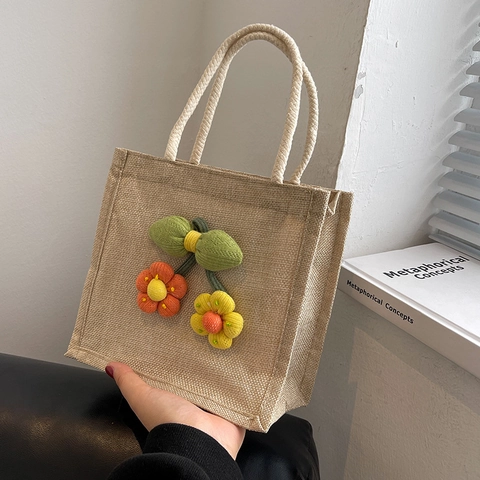 Women 3D Floral Jute Handbag Fresh Sweet Mini Lunch Bag Literary Small Cotton Linen Tote Bag With Rope Handle Daily Carrying