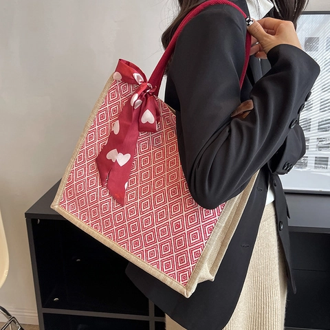 Vintage Geometrische Rauten Gewebte Tragetasche Für Damen Große Kapazität Segeltuch Handtasche Mit Herz Halstuch Alltags Schultertasche