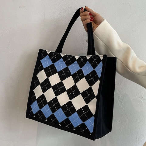 Dames Mode Ruitpatroon Canvas Draagtas Grote Capaciteit Contrastkleur Schoudertas Voor College Dagelijks Woon-werkverkeer