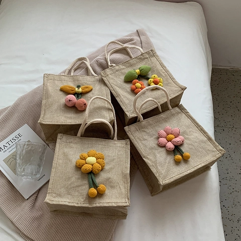 Women 3D Floral Jute Handbag Fresh Sweet Mini Lunch Bag Literary Small Cotton Linen Tote Bag With Rope Handle Daily Carrying