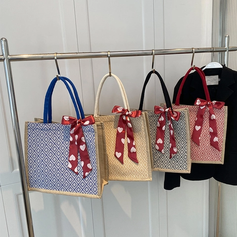 Vintage Geometrische Rauten Gewebte Tragetasche Für Damen Große Kapazität Segeltuch Handtasche Mit Herz Halstuch Alltags Schultertasche