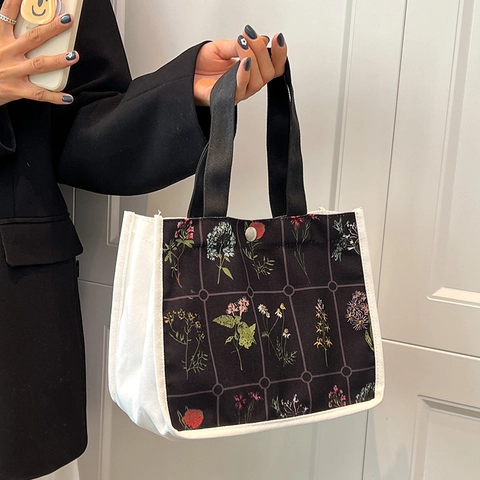 Dames Canvas Tote Bag Met Bloemenprint Koreaanse Stijl Rasterpatroon Handtas Voor Werk Winkelen Kantoor Kleine Lunchbox Tas