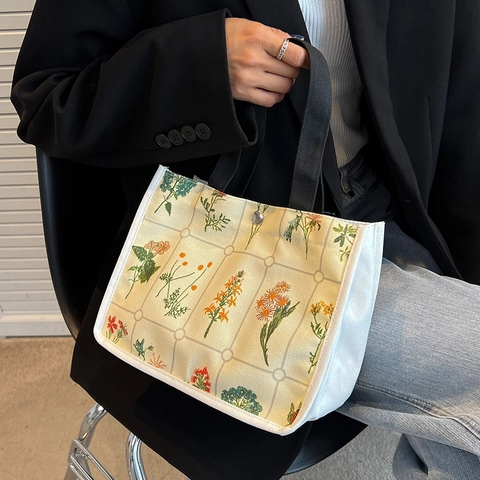 Dames Canvas Tote Bag Met Bloemenprint Koreaanse Stijl Rasterpatroon Handtas Voor Werk Winkelen Kantoor Kleine Lunchbox Tas