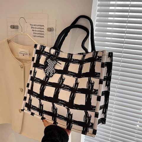 Borsa Tote in Tela di Grande Capacità Donna Minimalista a Griglia Borsa a Spalla Casual per Lavoro Scuola Studenti Con Ciondolo a Orsetto