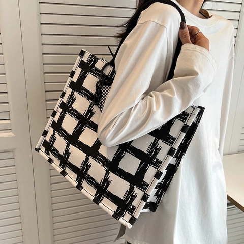 Borsa Tote in Tela di Grande Capacità Donna Minimalista a Griglia Borsa a Spalla Casual per Lavoro Scuola Studenti Con Ciondolo a Orsetto