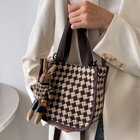 Borsa a Tracolla da Donna in Tela Pied de Poule Piccola Borsa Vintage con Ciondolo a Coniglio Stile Coreano Casual da Donna