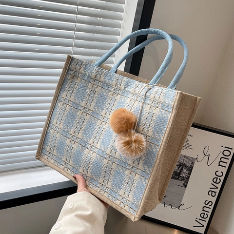 Women Large Capacity Plaid Tote Bag Tweed Canvas Fashion Commuter Shoulder Bag With Pompom Pendant Daily Casual Handbag