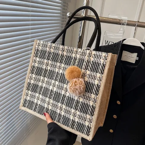 Women Large Capacity Plaid Tote Bag Tweed Canvas Fashion Commuter Shoulder Bag With Pompom Pendant Daily Casual Handbag