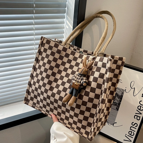Bolso Tote de Lona con Estampado de Tablero de Ajedrez de Gran Capacidad Para Mujer Con Lindo Colgante de Conejo