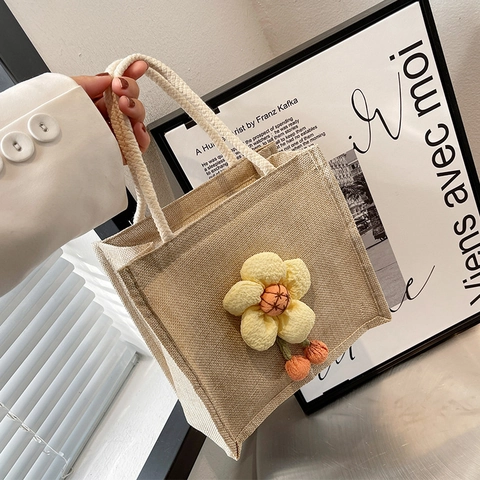 Cute Linen Flower Handbag For Women Fresh Cotton Rope Handle Tote Bag For Lunch Commuting Portable Storage Bag Small Purse