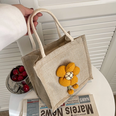 Cute Linen Flower Handbag For Women Fresh Cotton Rope Handle Tote Bag For Lunch Commuting Portable Storage Bag Small Purse