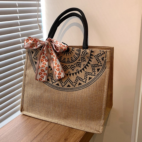 Retro Dames Jute Linnen Tote Bag Grote Capaciteit Handtas Met Zijden Sjaal Bedrukte Mandala Zon Olifant Patroon Schoudertas