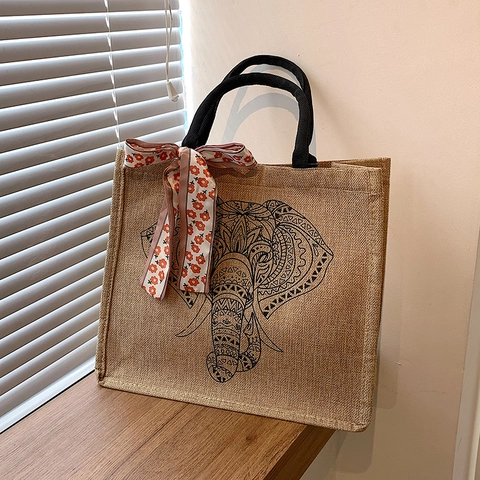 Retro Dames Jute Linnen Tote Bag Grote Capaciteit Handtas Met Zijden Sjaal Bedrukte Mandala Zon Olifant Patroon Schoudertas