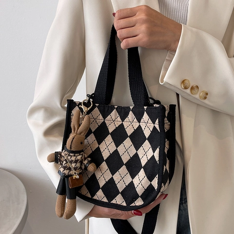 Vintage Argyle Pattern Canvas Crossbody Bag For Women Fashion Small Square Shoulder Bag With Adjustable Webbing Strap Daily Handbag